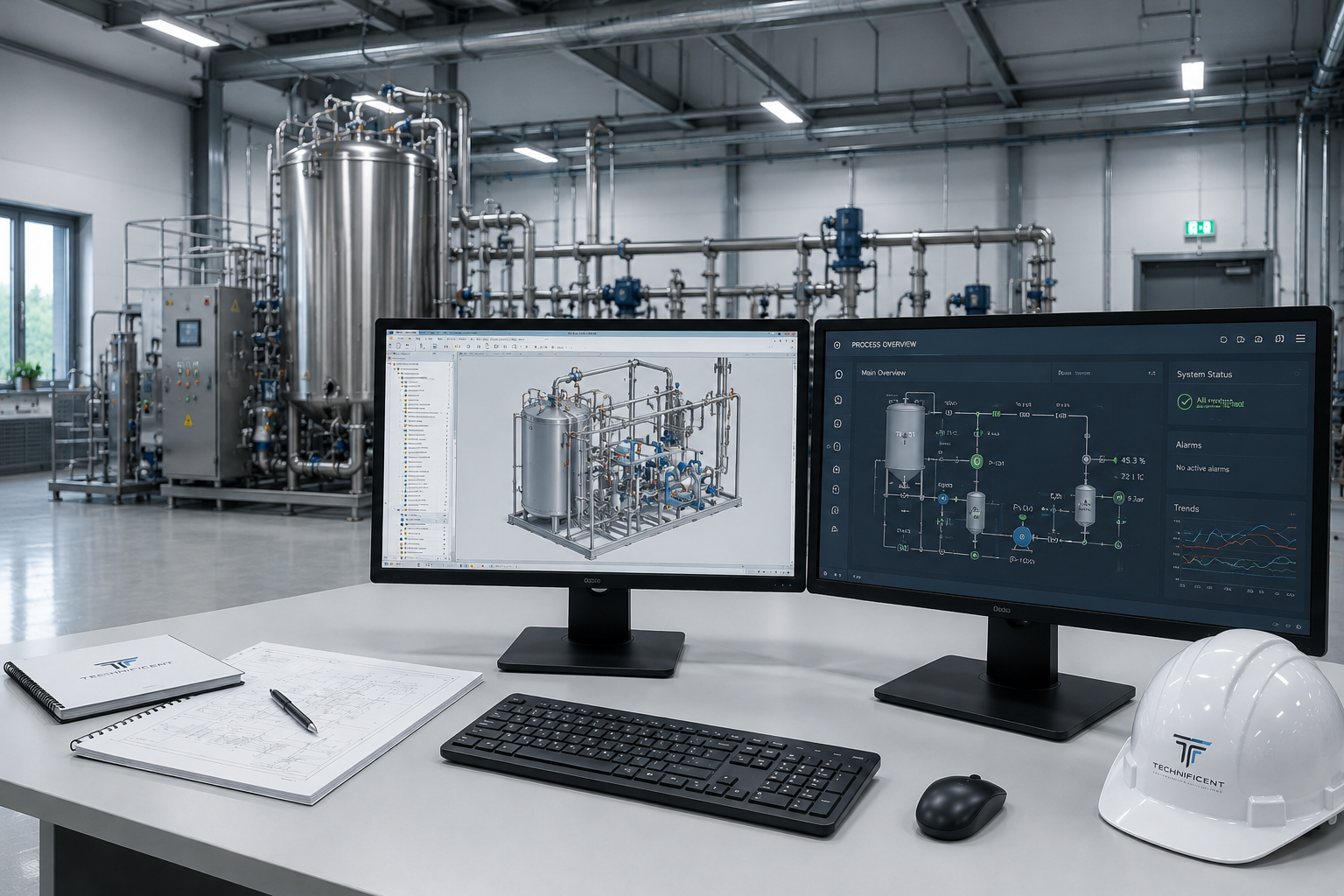 Technificent werkplek met TIA Portal en dashboard